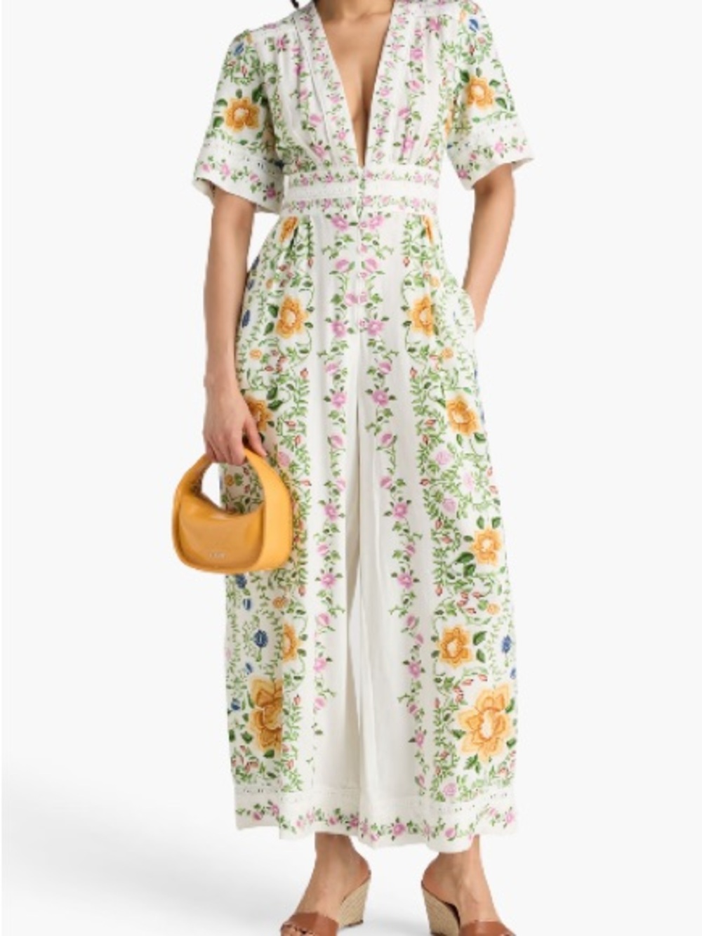 Farm Rio Folk Floral Linen
Blend Short-Sleeve Wide-Leg NWT